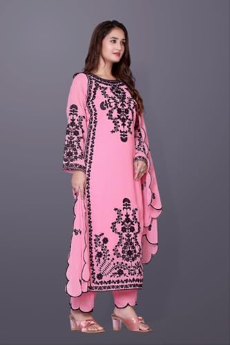 Image of Women's Georgette Embroidered Kurti | Round Neck | Full Sleeves | with Pant and Dupatta Set-pink-NR-111