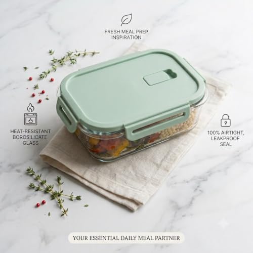Image of HomeWiz Glass Lunch Box 600ml | Microwave Safe Borosilicate Glass Food Container with Airtight Leak-Proof Lid | Lunch Box for Office, School, Meal Prep, Fridge & Dishwasher Safe | Sage Green