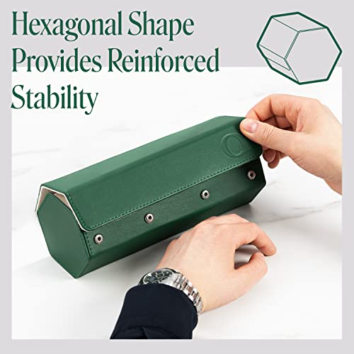 Qwatchbands Napa Leather Watch Rolls For Men - Hexagon Triple Watch Roll Travel Case For 3 Watches - Storage Organizer Genuine Leather With Velvet Interior Display (Green/Cream) #TOP3