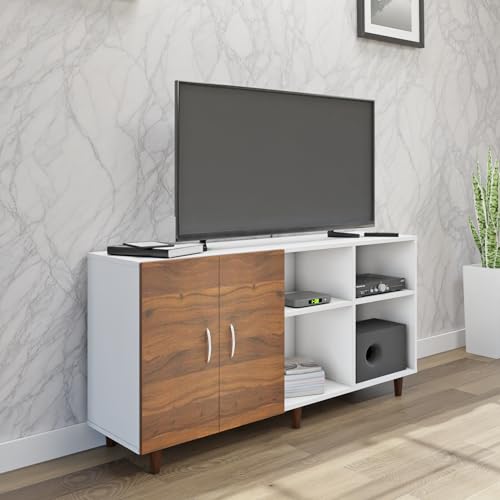 Image of VIKI Modern TV Unit for Living Room | Engineered Wood TV Cabinet with 2 Door Storage & 2 Open Shelves, Entertainment Unit, 140W x 74H x 40D cm | DIY | 1 Year Warranty (White & Walnut)