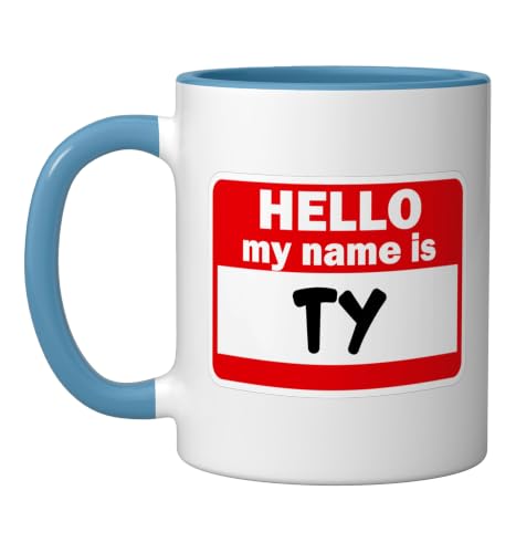 Ty Hello Hi My Name Is Tshirt Name On Custom Ceramic Mug, Blue/White
