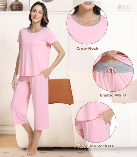 Image of NACHILA Bamboo Viscose Women's Pajamas Sets Short Sleeve Sleepwear and Capri Pants