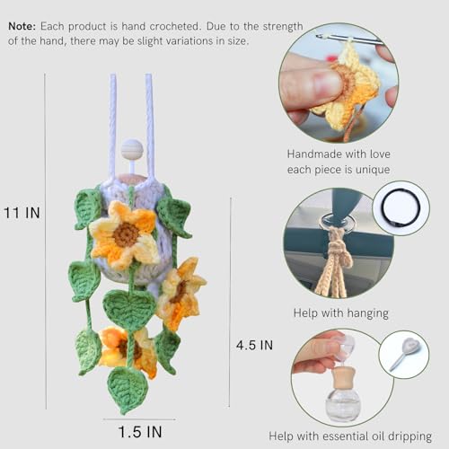 Image of ROFIGL Handmade Crochet Hanging Car Air Freshener - Sunny Sunflower Design, 12ml Refillable Thick Glass Bottle, Car Diffuser for Rearview Mirror, Home & Office Cheerful Decor