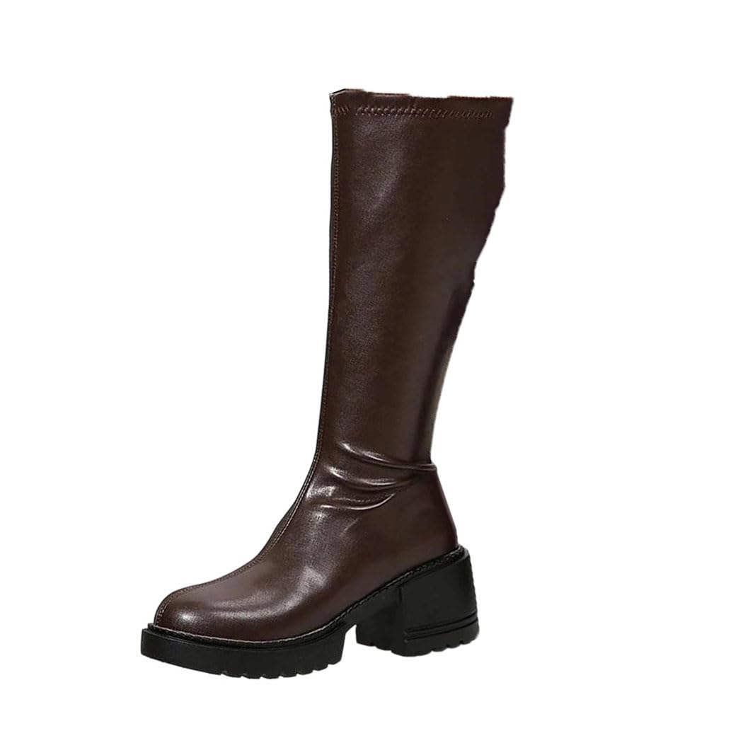 Women Knee High Boots Thick Heel Side Zipper Pu Leather Winter Motorcycle Style Casual Boot