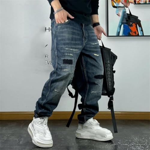 Men’S Fashion Patch Ripped Regular Straight Cargo Pants Button Fly Midweight Distressed Hip Hop Full Length Jeans2