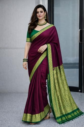 Image of Women's Glory Banarasi Satin Silk Saree with Rich Zari Woven Border & Pallu | Soft Glossy Party Fancy Traditional Saree for Wedding, Festive, Function | Blouse Piece Included
