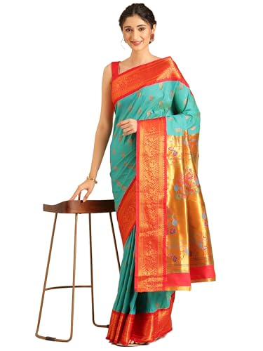Varkala Silk Sarees turquoise paithani silk saree in soft silk – image 2