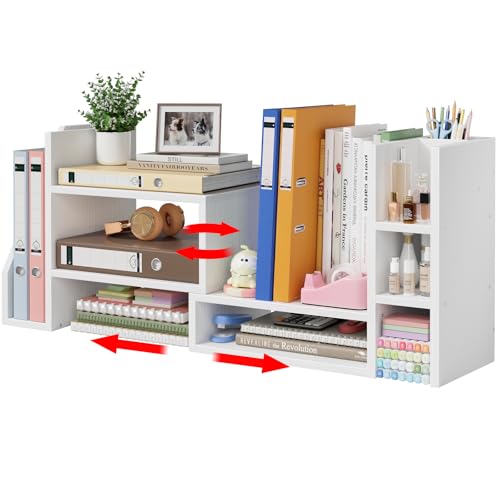 Desktop Shelf Desk Organizer File Holder - Dorm College Desk Bookshelf, Adjustable White Wood Shelving, Small Countertop Bookcase for Office Supplies, Student Study Desk & Home Organization Rack