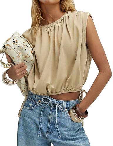 Ardrem Women Side Tie Bubble Top Ruched Babydoll Tank Tops Sleeveless Crewneck T Shirts Cute Cropped Tee Shirts Beige