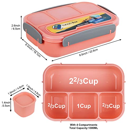 Image of MaMix Bento Box for Kids, Lunch Box Kids, Lunch Containers for Adults,4 Compartment Leak-Proof with Sauce Snack Pot Cutlery (Pink)