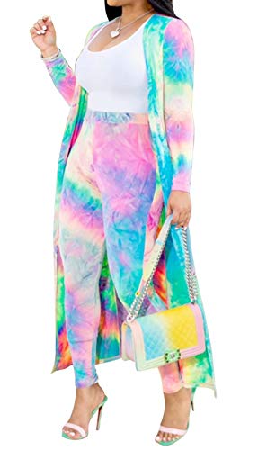 Women's 2 Piece Outfits Floral Open Front Cardigan Long Pants Set (Pink, 2XL)