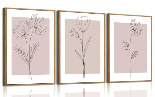 Wodkwq 3 Piece Pink Canvas Wall Art Set Framed,Pink Flower