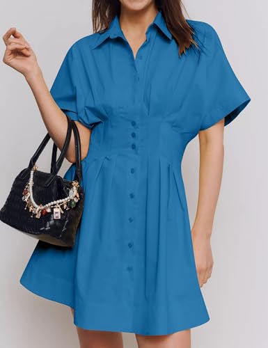 Image of Burtell Summer Button Down Pleated Shirt Dress for Women Striped Print V Neck Short Sleeve Mini Dress Casual Corset Dresses