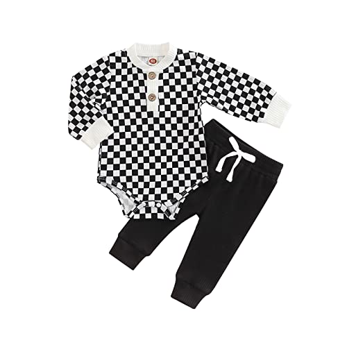 Image of Newborn Baby Boy Girl Clothes Ribbed Knitted Cotton Long Sleeve Romper Long Pants Solid Color Fall Winter Outfits