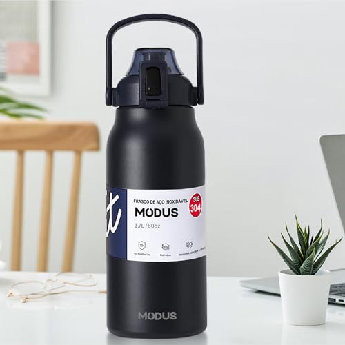 Garrafa Térmica Isolada a Vácuo De Aço Inoxidável 304 1700ML Grande Capacidade Com Canudo (Preto)