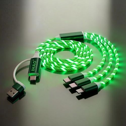 Image of IHAO Multi Ports Light-Up USB Cable USBA /USB C to USBC /MicroUSB Cable Durable Fast Charging Cable with Visible Current Flow As Night Light Use 39 inches-6in1 Green