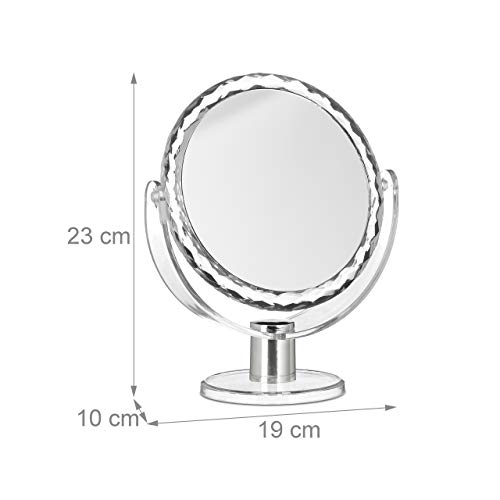 Relaxdays Magnifying Vanity Mirror, Round Standing Makeup Mirror, Cosmetics, Two-Sided, HWD: 23 x 19 x 10 cm, Transparent