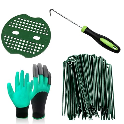 Gazon artificiel bien fixé avec 50 piquets verts et rondelles pour le jardin