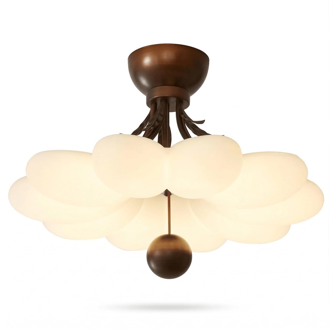 Mid-Century Retro Style Ceiling Light, Elegant Flower Petal Silhouette, Sophisticated Walnut Wood Grain Texture Finish, Soft Glow Blooming Blossom Design, Semi Flush Mount for Art(17.72"(45cm))