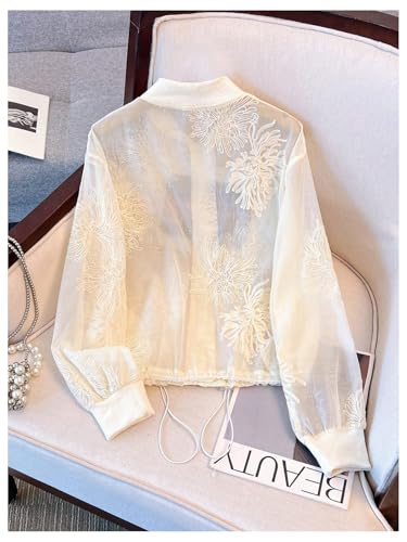 GORGLITTER Women's Light Jackets Floral Embroidery Zip Up Bomber Jackets Sheer Casual Long Sleeve Coats2