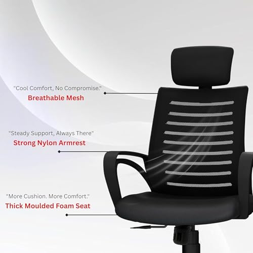 Image of Irish High Back Ergonomic Office Chair | 3 Years Warranty | for Long Working Hours, Mesh Back Computer Chair with Adjustable Height, Cushioned Seat, Strong Metal Base - Black, High Back