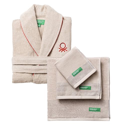 Juego de Albornoz L/XL 100% Algodón + Set de 3 Toallas de Baño (30x50 + 50x90 + 70x140cm) 450GSM de color Beige Benetton