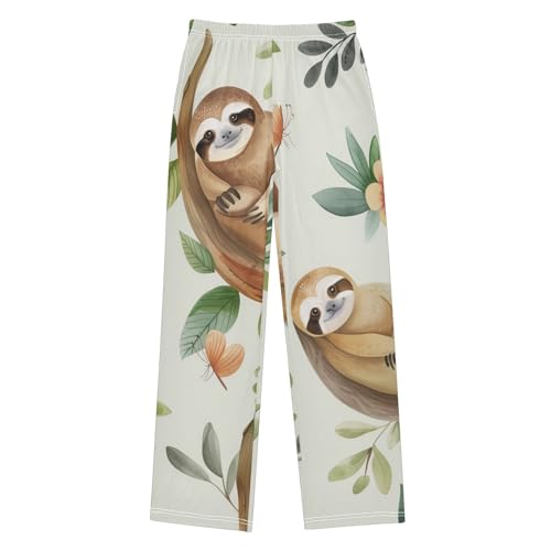 Lovely Sloth Florals Boys Long Pants Soft Trousers Elastic Waist Kids Lounge Bottoms with Pockets S-XL