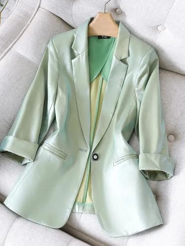 Satin Office Lady Loose Blazer Jacket Women Autumn Three Quarter Sleeves Solid Casual Female Suit Coat4