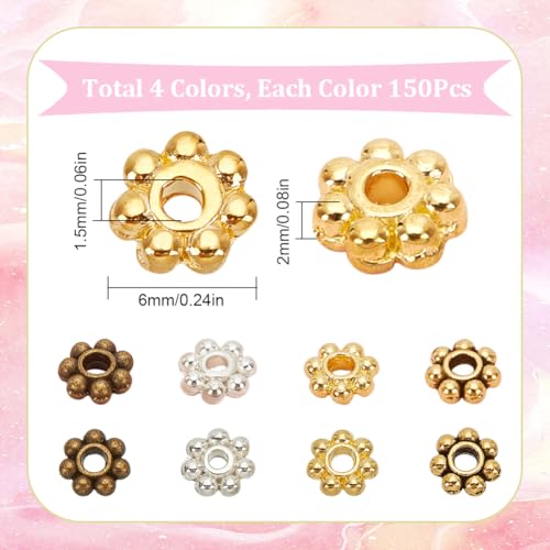 SOFPLATE 1 Box 600Pcs 6mm Gold Daisy Spacer Bead Silver Flower Metal Beads Bulk Tibetan Antique Alloy Mini Round Snowflake Loose Charm Bead for jewellery Making Supplies DIY Bracelets Necklaces Earrin - Image 2