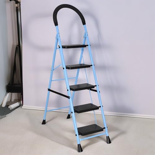 Image of FLIPZON 5 Step Folding Ladder for Home Use | Heavy Duty Steel Step Ladder with Anti-Skid Wide Steps & Soft Grip Handle | Strong, Safe & Durable Ladder for Kitchen, Cleaning & Office (Black & Sky Blue)