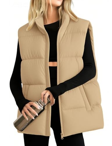 Xiaoxuemeng Womens Puffer Vest Collared Sleeveless Zip Up Padded Gilet Jacket Outwear (Khaki-S)