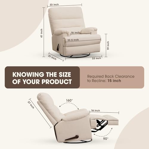 Large Glider Rocker Recliner,Beige Swivel Rocking Recliner Chair,Reclining Sofa Rocking Chair Nursery,23 Inches Deep Seat & 27 inches High Back,for Living Room, Bed Room (Beige) - Image 3
