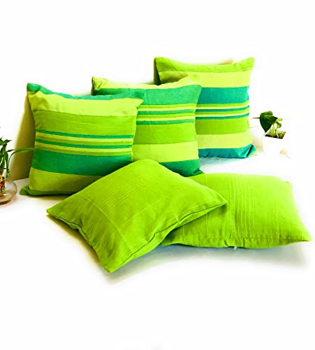 Image of RANGBHAR Handloom Cotton 220 TC Cushion Covers With Concealed Top Zip, Striped /Solid Cushion Covers For Living Room, 16 X 16 Inch, Green, Pack Of 5