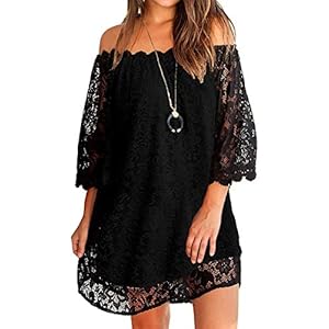 OURS-Womens-Casual-Off-Shoulder-Lace-Shift-Loose-Mini-Dress-with-34-Sleeve Supnier Summer Dresses for Women Beach Floral Sundress Casual Loose Dress Party Black L