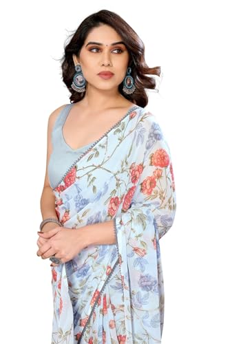 Image of ROOP SUNDARI SAREES Readymade Pleated Pre Drape Stitched Floral Printed Georgette Saree For Women's With Lace Border & Blouse(Ready To Wear One Minute)