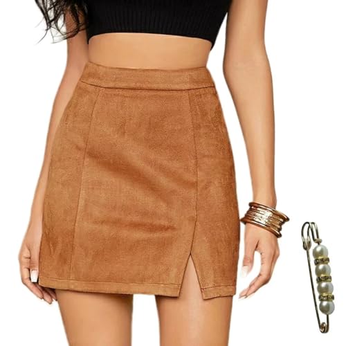 Womens High Waist Suede Fall Skirt Side Split Bodycon Short Zipper A Line Corduroy Mini Skirt for Women