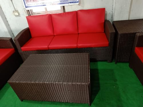 Image of 7 Seater Outdoor Conversation Set Patio Furniture Set All Weather Wicker Sectional Couch Sofa Dining Table Garden, Poolside, Balcony, Backyard.(Dark Brown and Red Color)