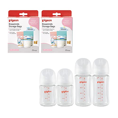 Image of Pigeon Glass Nursing Baby Bottle Wide Neck(Pack of 4), 5.4Oz and 8.1Oz, with Disposable Breast Milk Storage Bag(50 Pcs, 4Oz), Essential Products for Breastfeeding Mothers