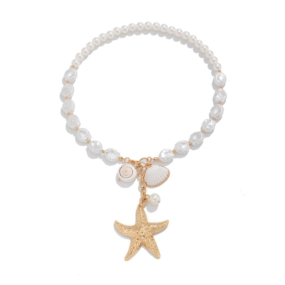 Gold Starfish Pendant with Seashells and Pearl Accents | Boho Beach Jewelry | Necklaces for Women and Girls | Trendy Summer Vacation Accessory | Coastal-Inspired Jewellery