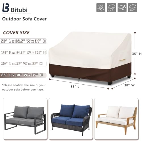 Image of Bitubi Waterproof Patio Sofa Cover, Heavy Duty 3-Seater Outdoor Couch Cover Size Up to 85W x 38D x 35H Inches, Lawn Patio Furniture Covers with Air Vent (Brown)