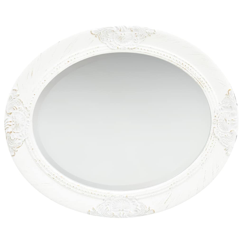 Barocker Wandspiegel Weiß 50x60 cm Oval mit Holzrahmen Glas Antiklook, mit Befestigungshaken fürs Schlafzimmer Bad Flur Diele für Make-up Rasur