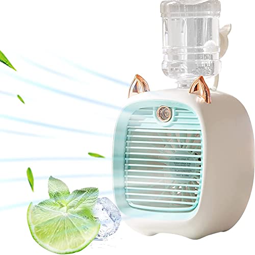 Ventilador de aire acondicionado portátil recargable, mini enfriador de aire USB de escritorio con velocidad de aire ajustable de 3 velocidades y función de humidificador, ventilador de aire