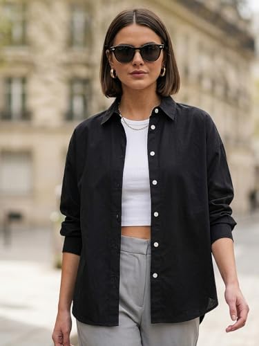 Image of Urbano Fashion Women's Cotton Full Sleeve Oversized Fit Casual Solid Slub Shirt with Spread Collar