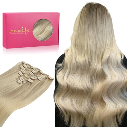 WENNALIFE Clip in Hair Extensions Real Human Hair, Seamless and Natural Blending, Soft &amp; Tangle-Free, No Shedding, 14 Inch 120g 7pcs Ombre Ash Blonde to Golden Blonde Balayage Platinum Blonde