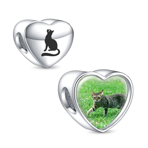 LaMenars Encantos De La Foto Personalizados Lindo Gato CorazóN Perla Encanto De La Imagen Personalizado 925 Plata Esterlina Pulseras Y Collares De Ajuste Regalos Para Las Mujeres.