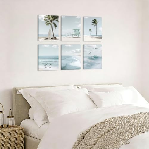 Image of CHDITB Beach Canvas Wall Art, Coastal Palm Tree Surfboard Wall Decor, Ocean Wave Seagull Artwork, Minimalist Surfing Pictures, Tropical Beach Prints for Bathroom Living Room seaside Bedroom 8 inchx10 inchx6