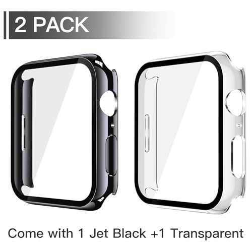 Image of Misxi [2 Pack] Waterproof Hard Case with Tempered Glass Compatible with Apple Watch SE 3 (2025) SE 2 SE Series 6 Series 5 Series 4 40mm, Cover for iWatch Screen Protector, 1 Jet Black + 1 Transparent