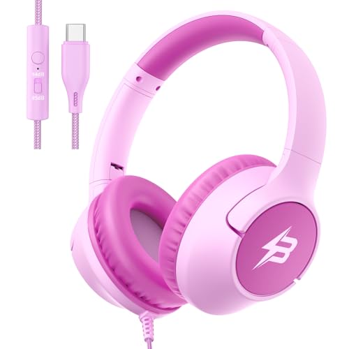 Image of USB C Headphones Wired for Kids, 85 /94dB Volume Limit With Mic, Rosy Pink | Kid Headphones for School, Wired Over Ear USBC Plug in Corded Headphones for Boys Girl Toddler, iPad, Tablet, Airplane Travel