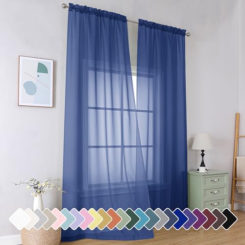 Image of Simplebrand Royal Blue Sheer Curtains 96 Inches Long 2 Panels, Light Filtering Rod Pocket Solid Color Window Sheer Curtain Panels, Elegant Curtains & Drapes for Living Room, Bedroom, 42 inch W x 96 inch L