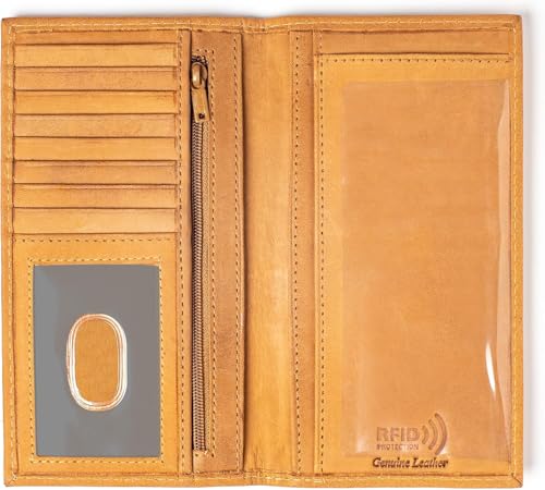 Checkbook Cover Checkbook Wallet Leather Checkbook Cover Rfid Protection Check Book Cover For Business Checkbook Bifold Long Wallet (TAN KHAKI J213LCB)